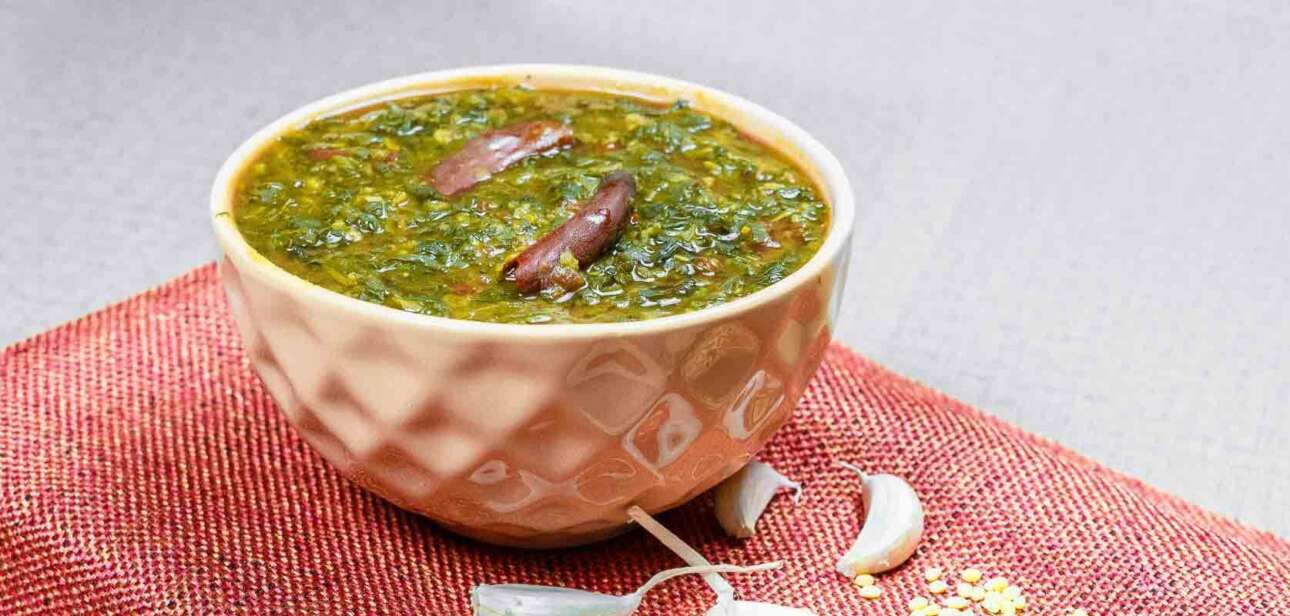 red chaulai with yellow moong dal