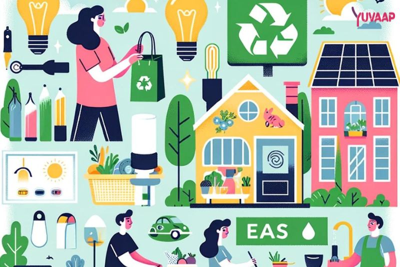 Illustration of 12 easy tips for sustainable living, featuring eco-friendly actions