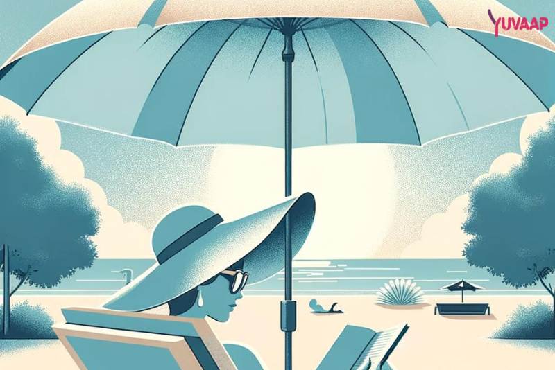 Person relaxing under shade with protective gear to avoid direct sunlight