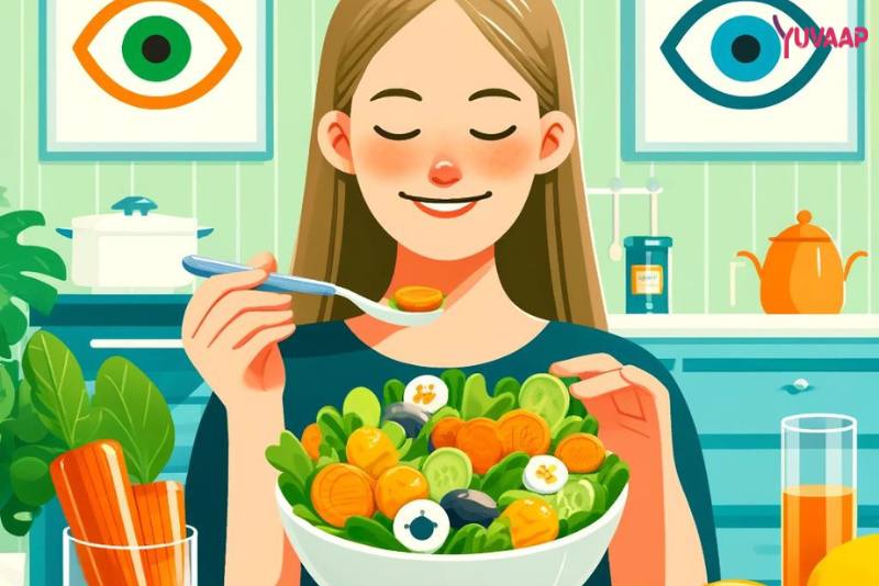 Person enjoying a meal rich in nutrients for eye health