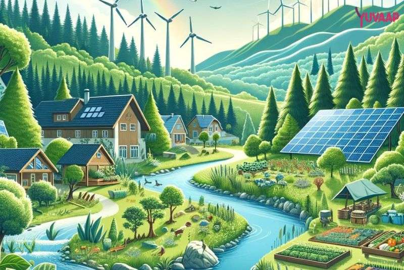 Illustration of the pillars of sustainable living, including social, economic, and environmental aspects