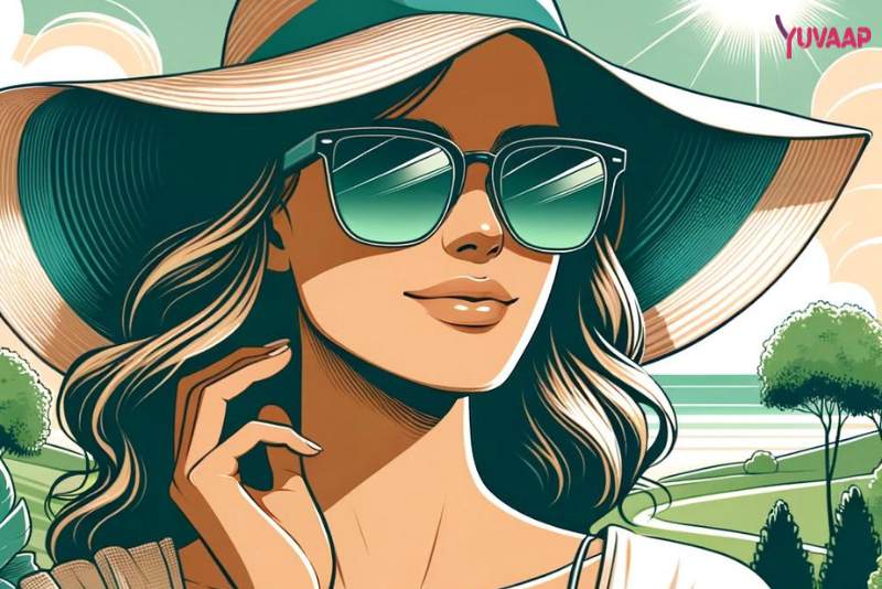 Person wearing UV-protective sunglasses and wide-brimmed hat during a heatwave