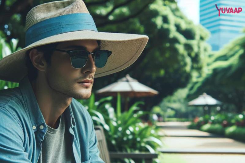 Person wearing a wide-brimmed hat and sunglasses to protect eyes from sun